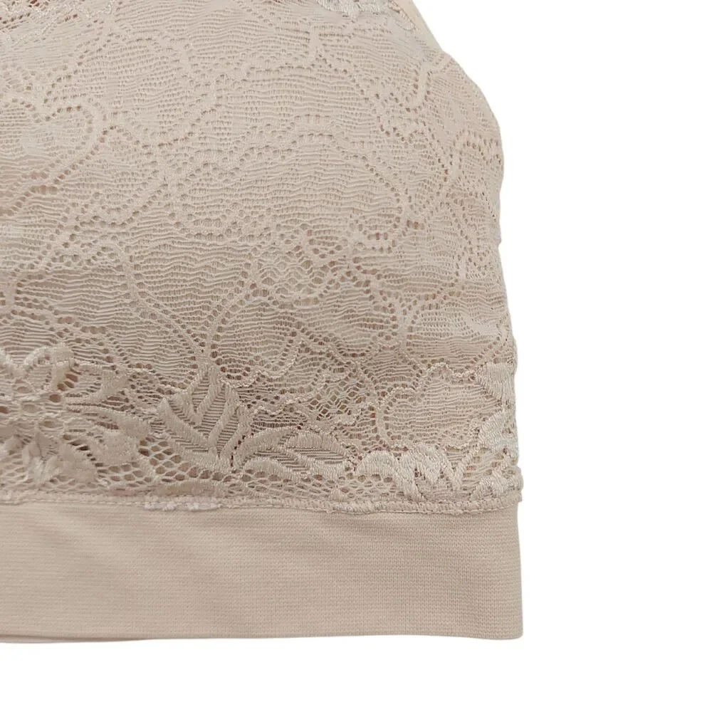 Rhonda Shear Bra Womens Large Nude Lace Overlay Wireless Padded Comfort Soft